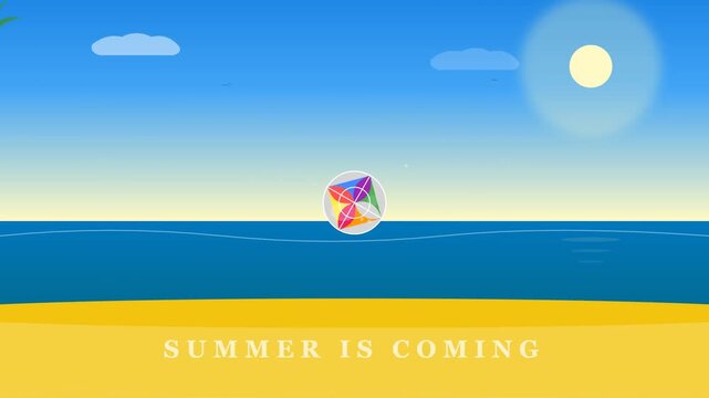 Summer beach scene, colorful kite flying, sunny day, ocean view, seasonal background