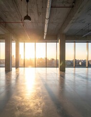 Fototapeta premium An empty concrete parking garage with glass windows overlooks a sunset view of the ocean bridge and sandy beach through a design featuring interior columns and a corridor floor
