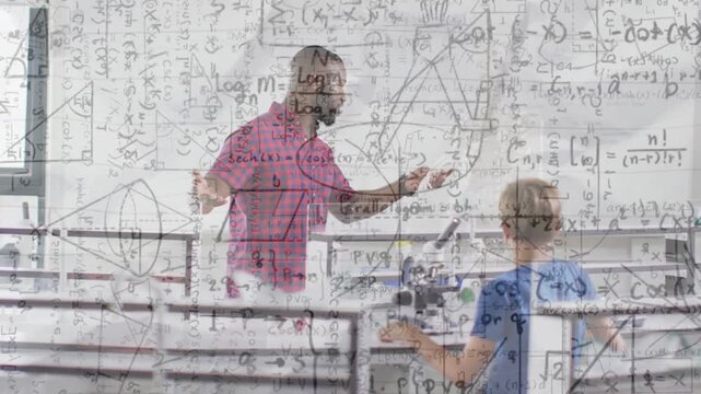 Teacher raising hands, gesturing and teaching student operating microscope with education overlay