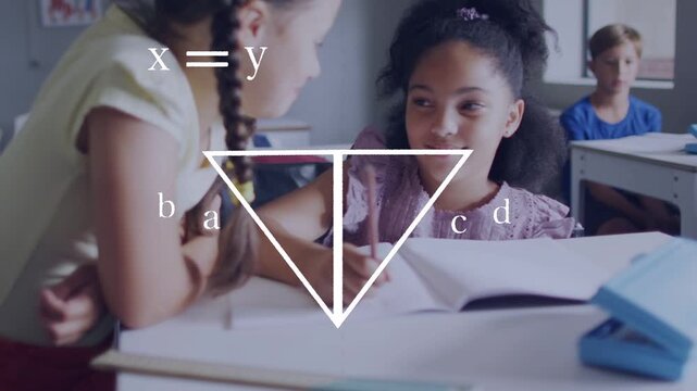 Left girl writing in school while triangle overlay appearing labeling note and pencil for geometry