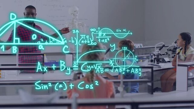 Male teacher spreading arms and teaching math in science lab, holographic graphs moving over desks