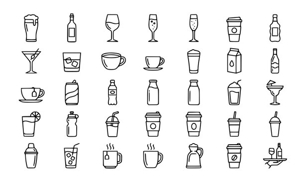 Beverage 20 minimal icon set with alcohol and non alcoholic drinks for menu and app vector collection