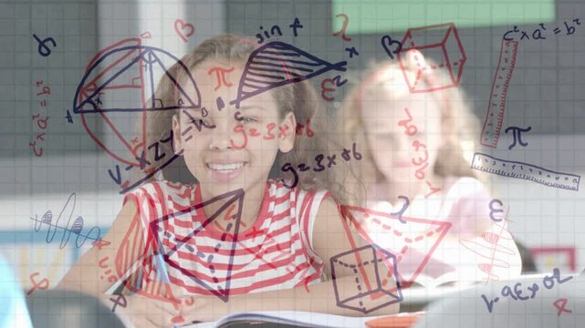 Girl writing, pausing and lifting head, smiling in math insight as faint overlay linking students