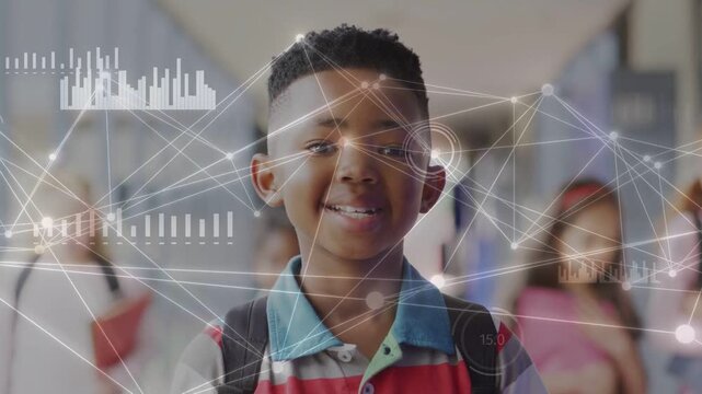 Boy walking toward camera in hallway starting HUD charts over face and backpack showing edtech data