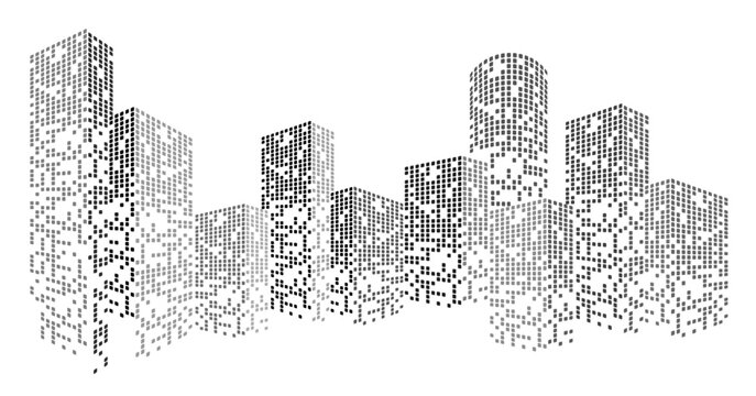 Building City Vector cityscape background featuring illuminated building silhouettes and tech-inspired light patterns for contemporary urban design concepts