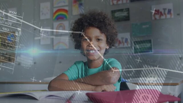 Male student sitting at desk in classroom, animated graphs sweeping across view, smile broadening