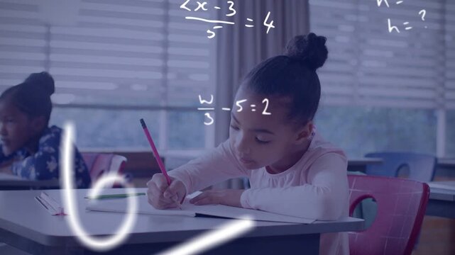 Foreground girl starting worksheet writing with red pencil while math overlays growing solving sums