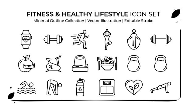  Fitness web line icon set with gym workout diet exercise and editable stroke vector collection