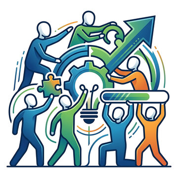 People working together on business development, gear mechanism, lightbulb idea, progress bar, team collaboration, growth strategy