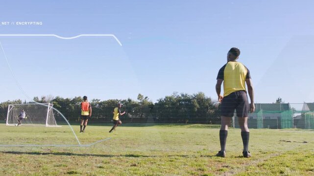 Right thrower releasing ball for soccer drill players contesting penalty keeper moving tracing path
