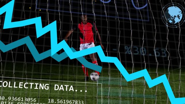 Male soccer player shifting weight and kicking ball near goal line, HUD collecting sports data