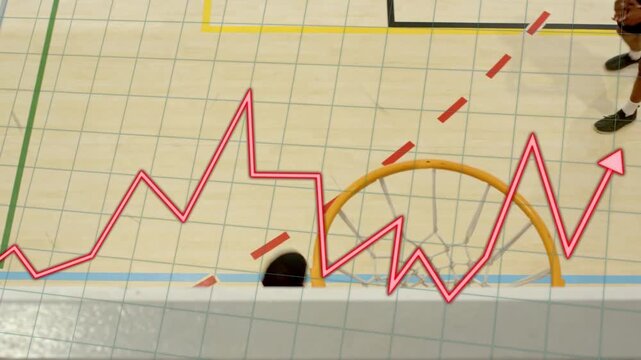 Blue pass starting navy player driving and trying layup in sports pink zigzag tracking arc overhead