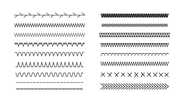 Embroidery vector stitch patterns with geometric lines and borders. Vector textile design elements featuring decorative stitched edges, cross-stitch dividers, and seamless sewing motifs.