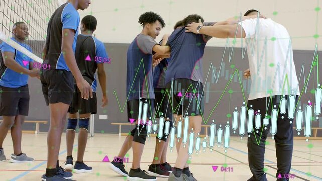 Team and coach huddling on sports court, coach guiding for play, charts scrolling across frame
