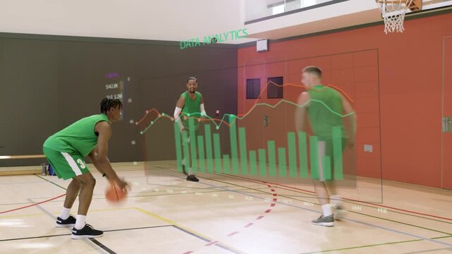 3 players training sports court right passing center cutting leaping DATA ANALYTICS charts syncing
