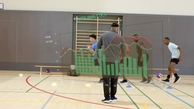 Coach watching players stepping forward, doing block jumps for training with data overlay tracking