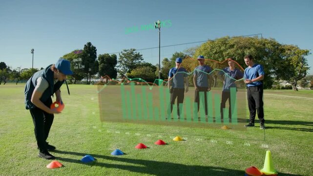 Man in blue cap placing cones, running drill, training overlay appearing and showing footwork