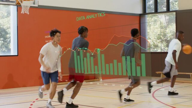 Navy-top holding ball at center, dribbling and trying to score while sports DATA ANALYTICS tracking