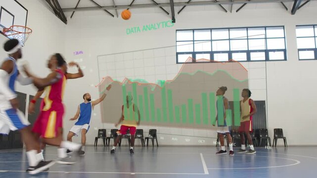 Dribbler driving paint in sports, players contesting shot to score, with DATA ANALYTICS overlay