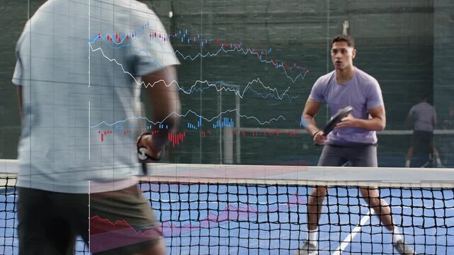 Net player tapping ball, starting sports drill, rival returning volleys, analytics overlay tracking