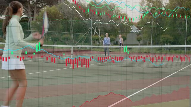 Player stepping, hitting forehand after feed for drill on court, transparent market charts overlay