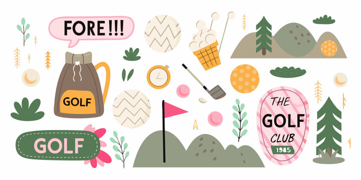 Golf themed illustration with equipment flag and text elements