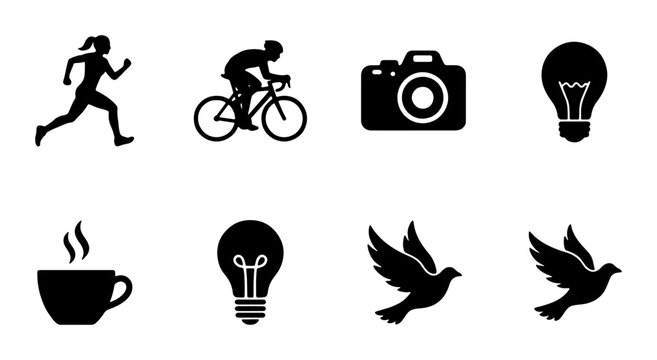 Silhouette Icons: Runner, Cyclist, Camera, Lightbulb, Coffee Cup, Birds, Vector Graphics for Lifestyle, Technology, and Ideas