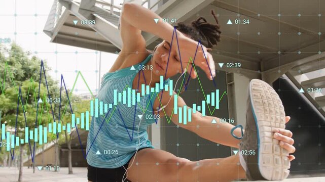 Woman placing right leg on ledge, performing hamstring fitness warmup, HUD charts sweeping over her