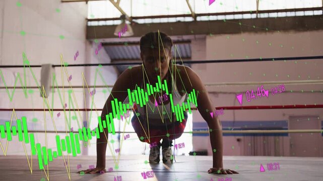 Female athlete doing push-ups in ring, reps driving chart and trend line syncing timers for fitness