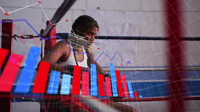 Sports boxer corner between rounds pulling gloves raising guard charts sliding over ring to prep