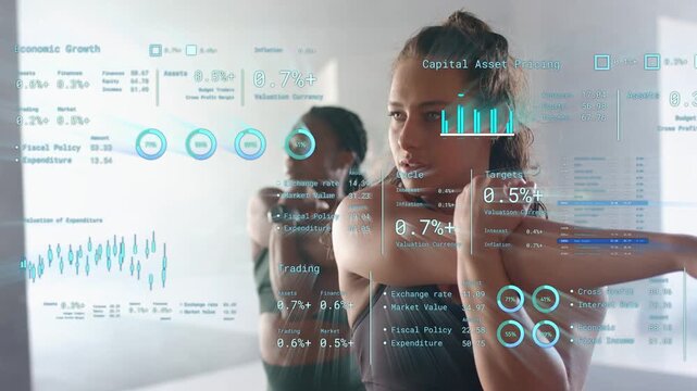 Two women doing fitness shoulder lifts in sync on starting rep HUD charts tracking metrics