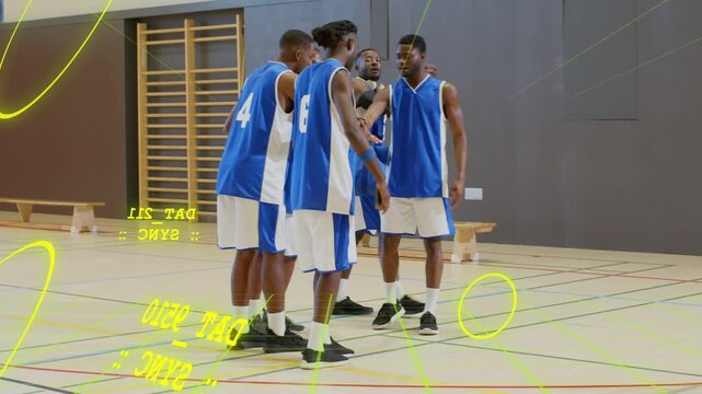 Five players huddling planning picking orange basketball walking cheering with neon yellow overlays