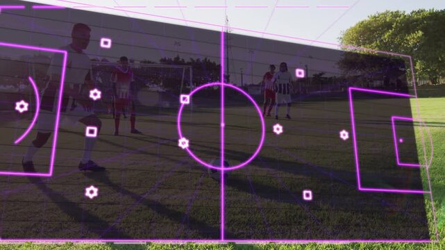 Player 14 stepping forward and taking shot after analytics HUD appearing and mapping paths to goal