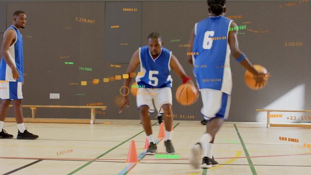 Player 6 stepping weaving cones and dribbling basketball in drill as team rotating overlaying data