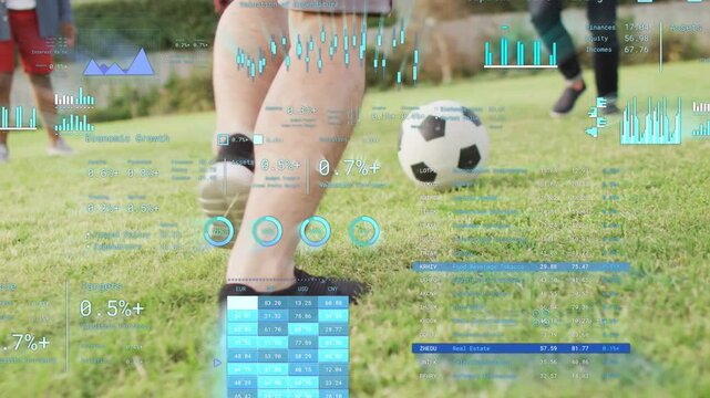 Main player shifting weight and pushing ball during soccer drill, HUD charts tracking possession