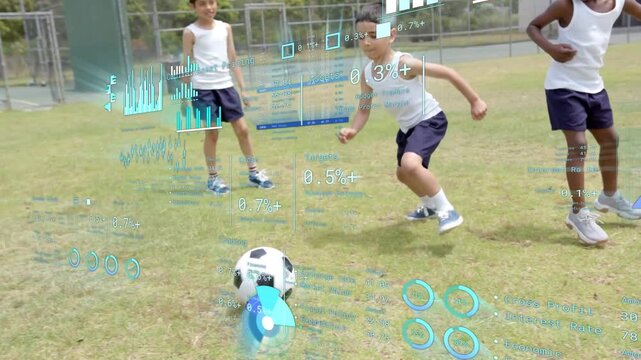 Right boy stepping to challenge, center boy nudging ball and dribbling, HUD overlaying soccer drill