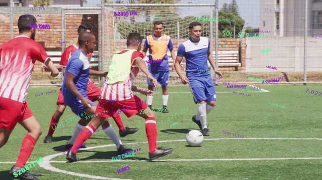Blue soccer player dribbling, nudging ball right under pressure, with data overlays over players