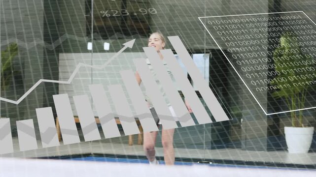 Woman walking courtside with paddle, bouncing ball while training, tech charts expanding around her