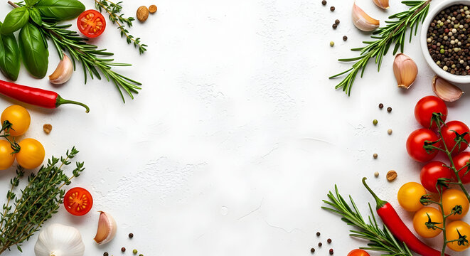 Healthy food background fresh vegetables and herbs border flat lay on white table top with copy space