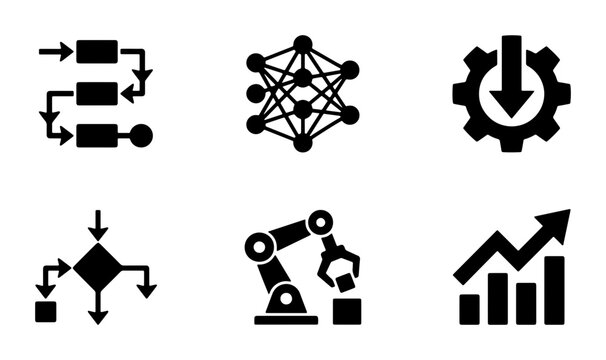 Industrial Automation Icons: Process Flow, Neural Network, Gear Input, Algorithm, Robotic Arm, Growth Chart Vector Set