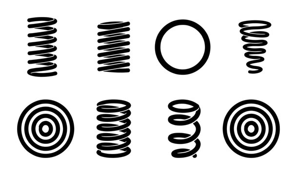 Set of 8 Black and White Coil Spring Icons, Mechanical Component Vector Graphics, Industrial Element Symbols, Elastic Force Illustrations