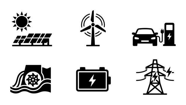 Renewable Energy Icons Set: Solar, Wind, Electric Car Charging, Hydro Power, Battery Storage, Power Lines, Clean Energy Vector Graphics