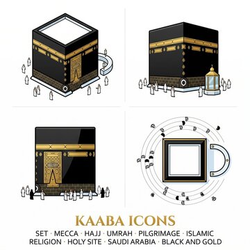 Kaaba Icons Set Showing Various Angles and Architectural Details