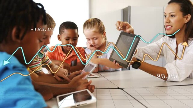 Teacher holding tablet up, guiding students tapping devices at table, lines tracking learning data