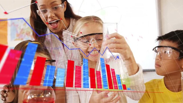 Students raising green Erlenmeyer as teacher pointing and speaking showing science data with charts