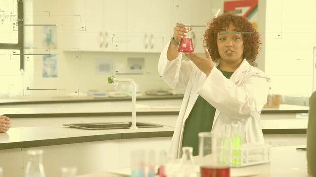 Educator raising flask, showing red liquid to students in science lab, animated labels on beakers