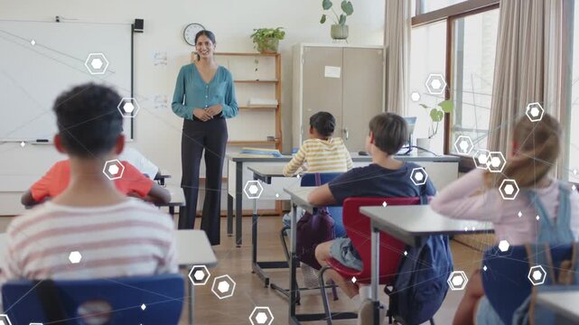 Teacher stepping forward and gesturing, engaging class via animated icons showing student shifts