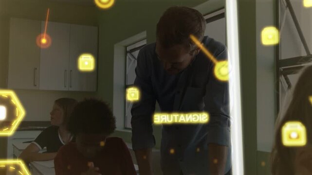 Teacher leaning over student to assist writing in education, yellow UI labels floating over paper
