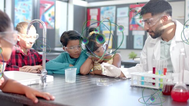 Teacher dispensing pipette drops class leaning animated atoms showing dish reaction in science lab
