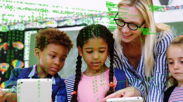 Teacher coming right pointing tablet urging students viewing white tablets under green code class